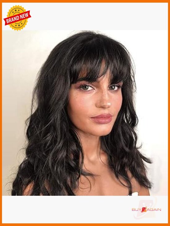 Natural wave wig with bangs 100% human hair medium cap  display picture 2